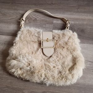 Diane Gail Vintage Cream Dyed Rabbit Fur Roma Leather Rhinestone Buckle Handbag
